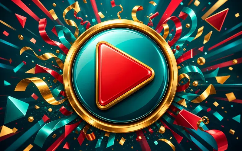 Bold play button bursting with teal and gold energy