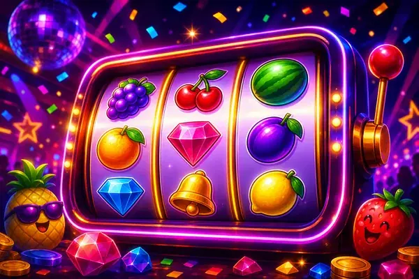 Glowing slot machine with vibrant reel symbols