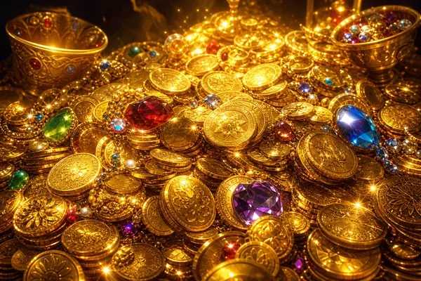 Shimmering pile of fantasy gold coins and gems